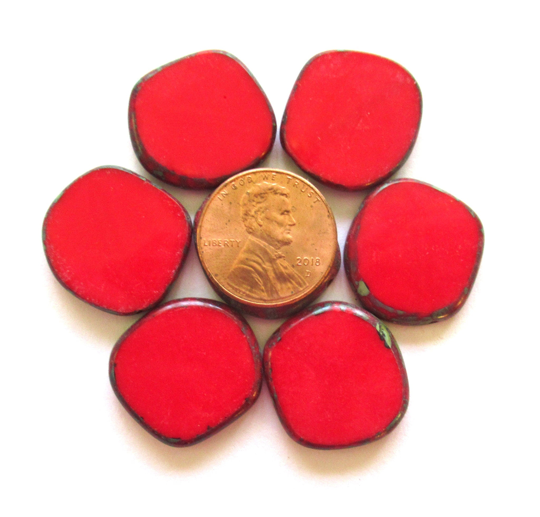 Four 22mm Czech glass asymmetrical coin or disc beads - opaque red Picasso rustic earthy beads - C00871