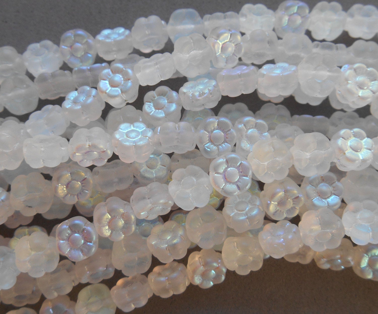 25 6mm Frosted Crystal AB Czech glass flower beads, pressed glass white flower beads, C4001