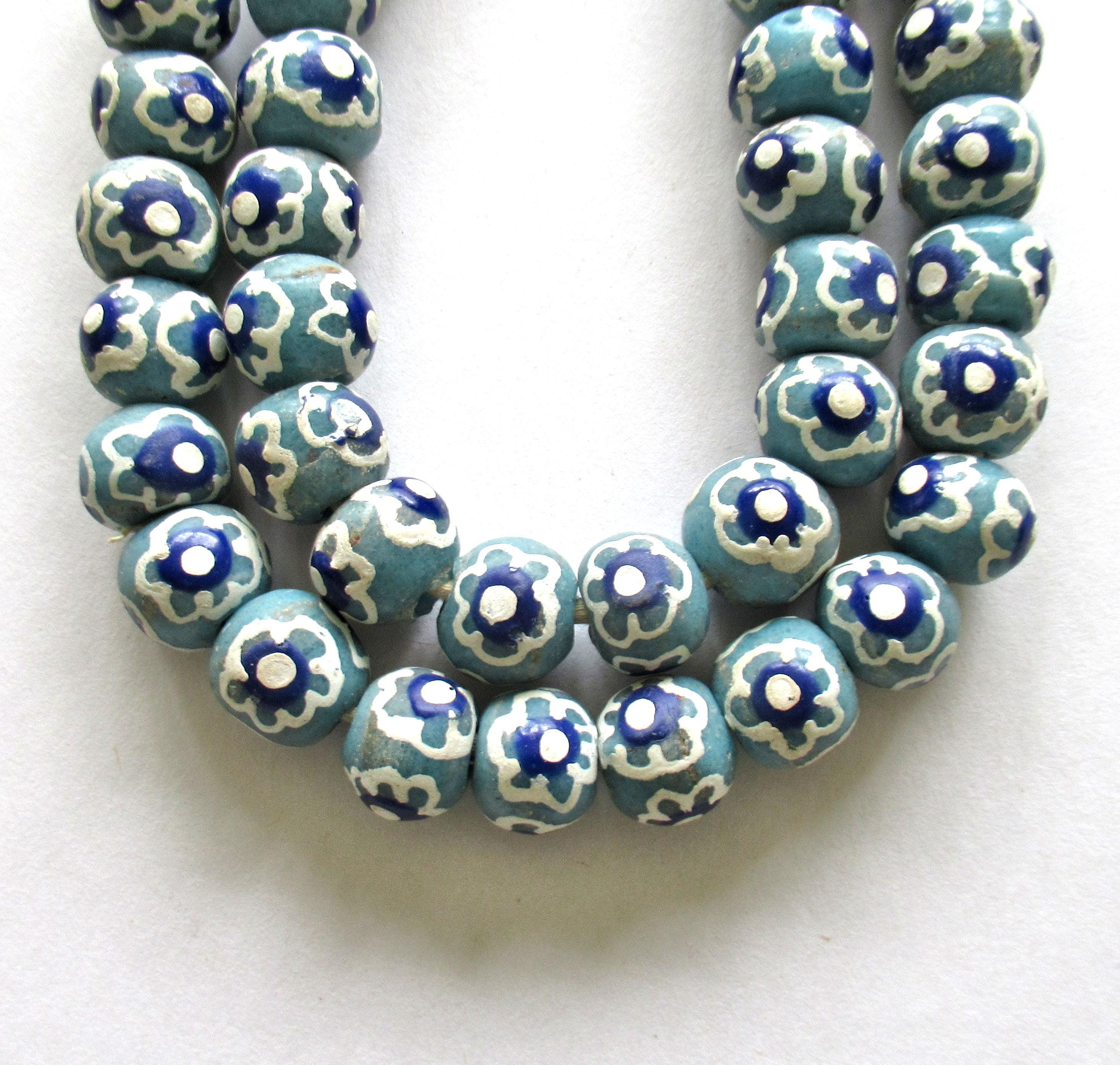 African Ghana Krobo glass donut or rondelle beads - blue & white flower beads - 11.5 to 12mm - big hole rustic beads - 8 beads - C00031