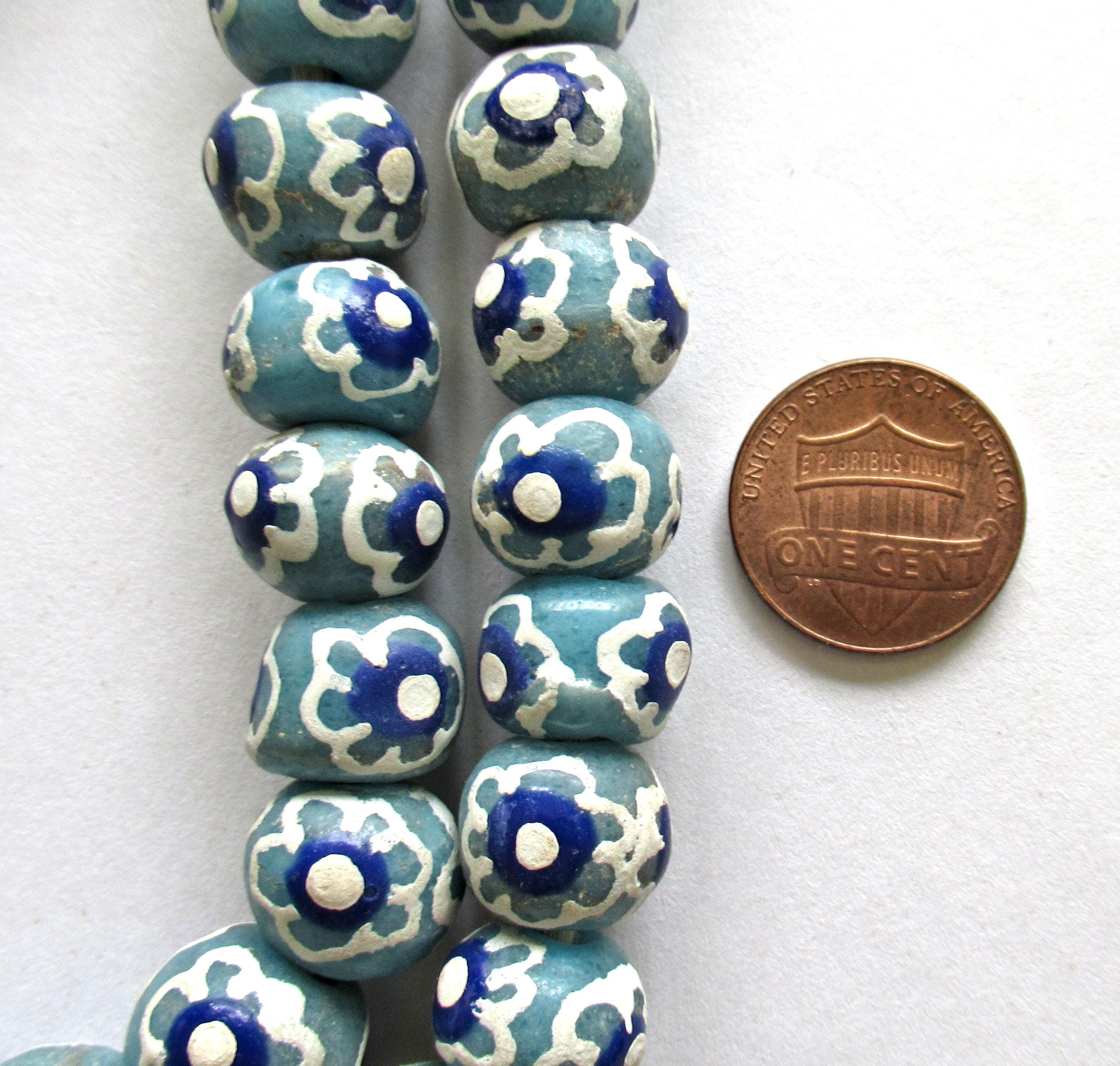 African Ghana Krobo glass donut or rondelle beads - blue & white flower beads - 11.5 to 12mm - big hole rustic beads - 8 beads - C00031