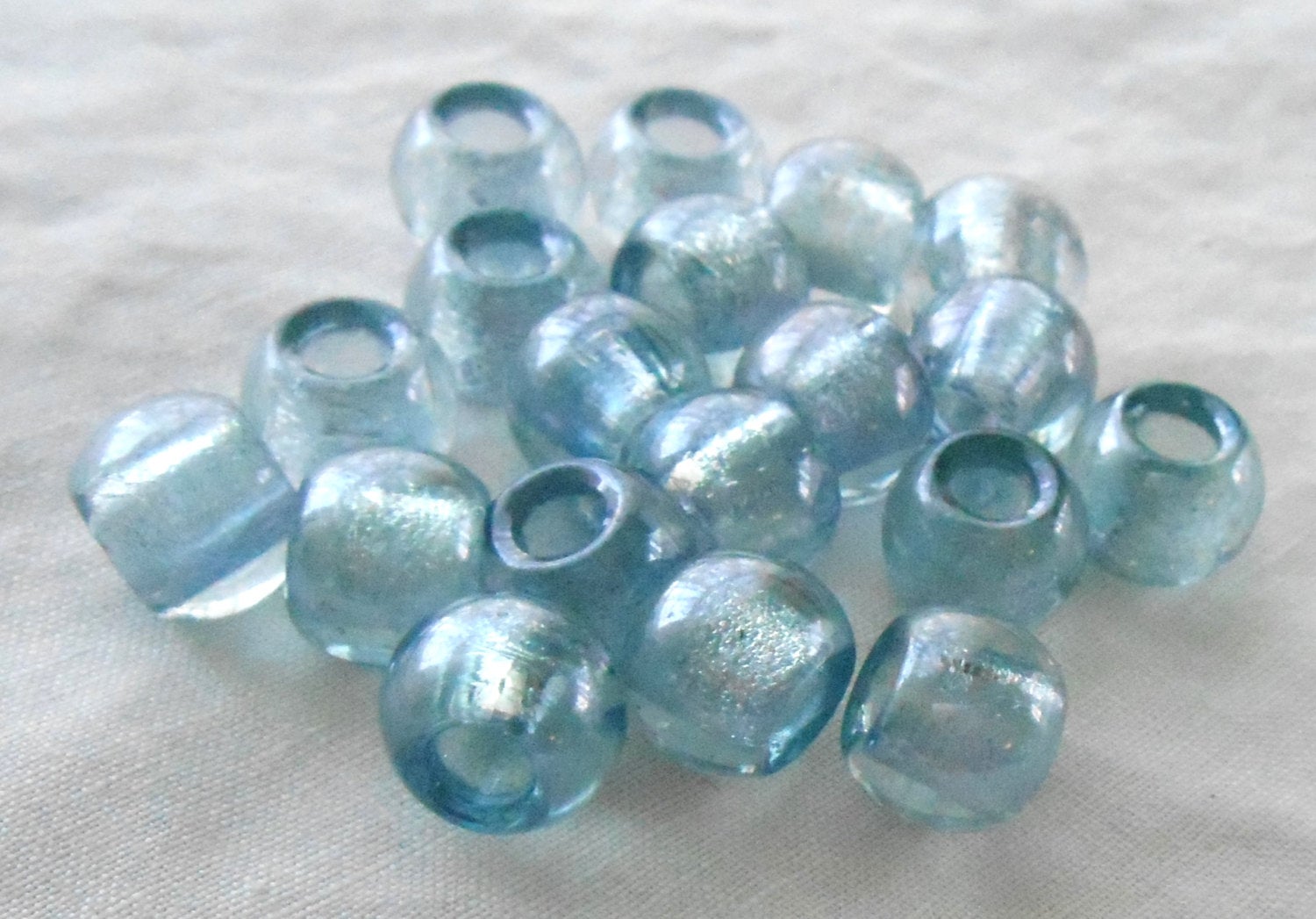Six 12mm round Lumi Blue iridescent large glass big hole druk beads, 4.5mm holes, C4801