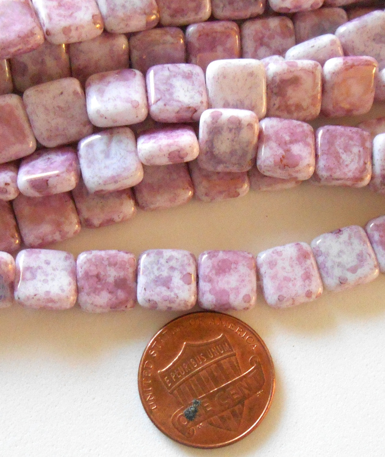25 9mm Opaque Luster Topaz Pink Czech square flat glass beads, pink picasso beads C8925