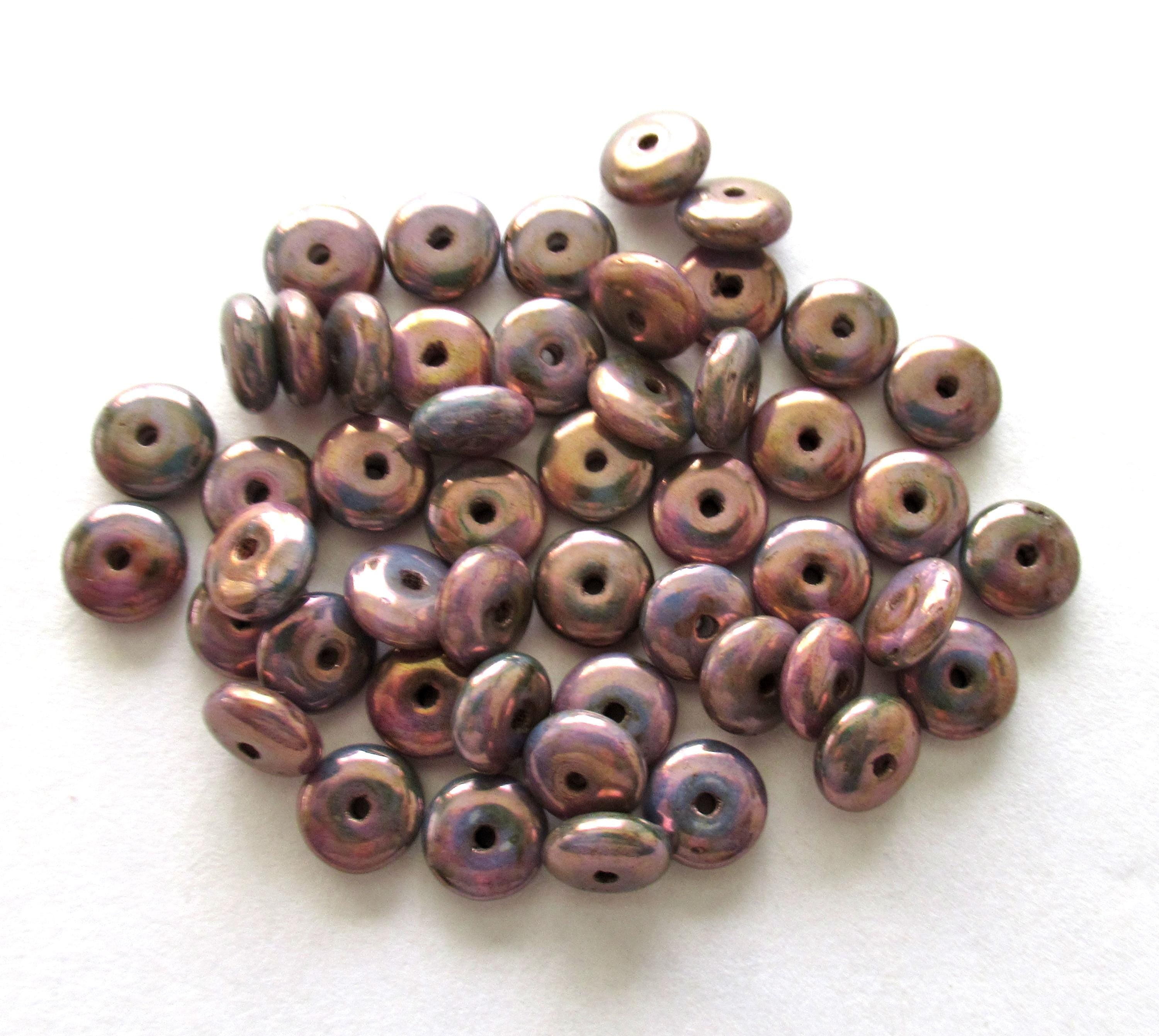 Lot of 50 6mm Czech glass rondelle spacer beads - opaque blue beads with purple luster iris finish - flat spacers or rondelles C00521