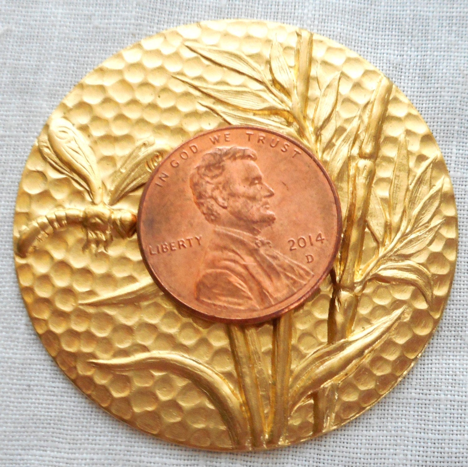 1 raw brass plant & dragonfly medallion, pendant, charm, brass stamping, 42mm, made in the USA C0601 - Glorious Glass Beads