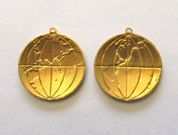 2 Raw Brass Stampings - globe or map dangles - charms - drops - earrings - 1 inch in diameter - made in the USA C0008
