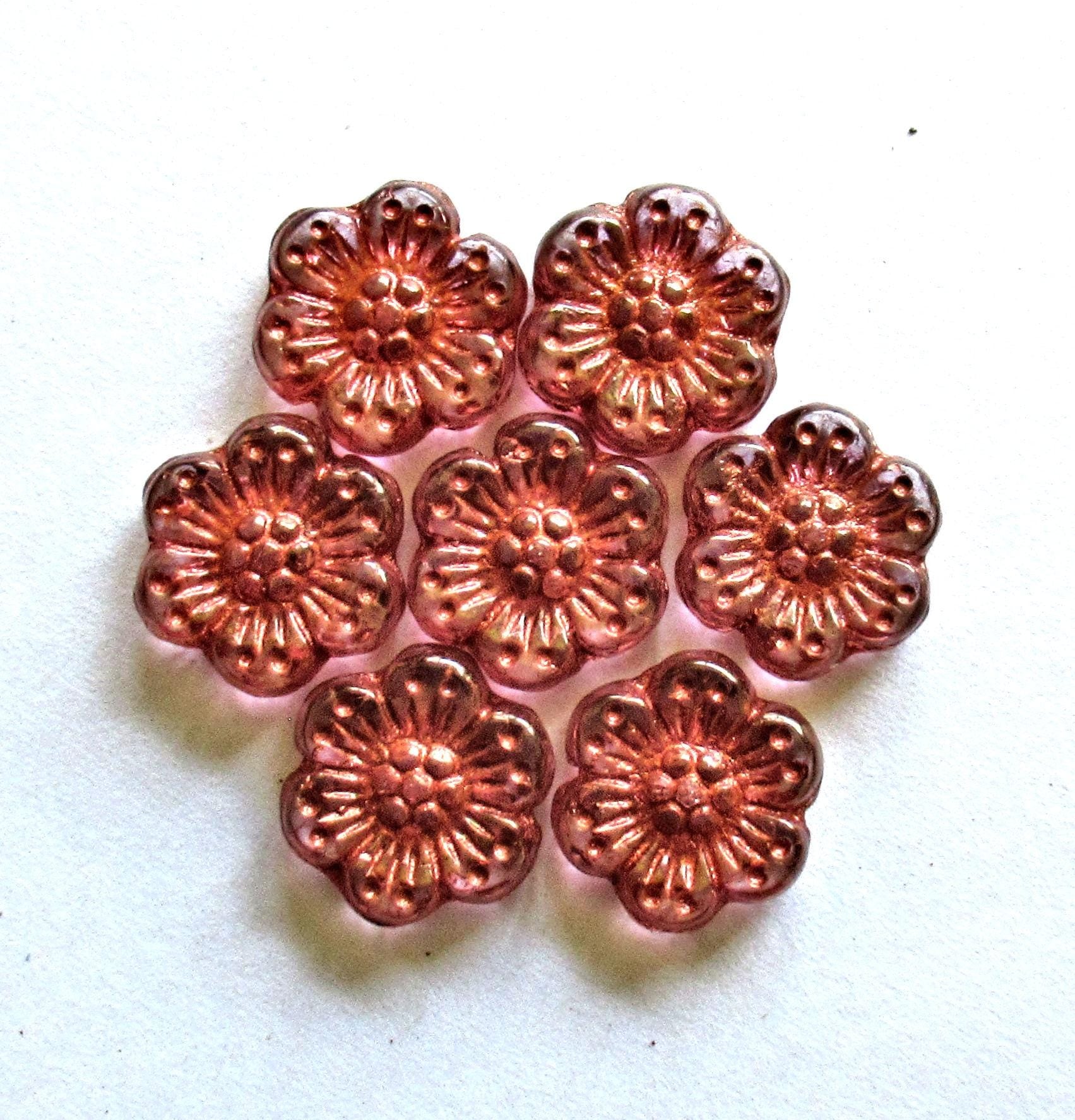 Ten Czech glass wild rose flower beads - 14mm - translucent pink with an antique copper wash- C00131