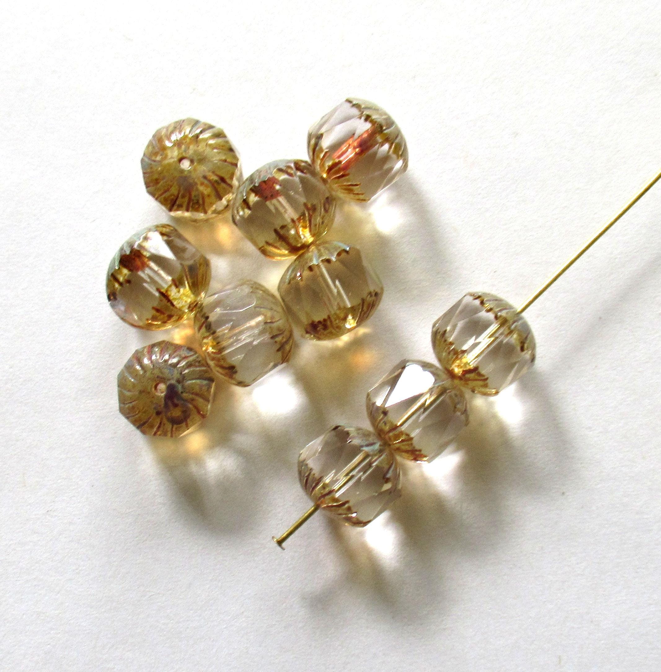 Ten Czech glass faceted carved cruller beads - 10mm - crystal clear picasso - cathedral beads - 00004