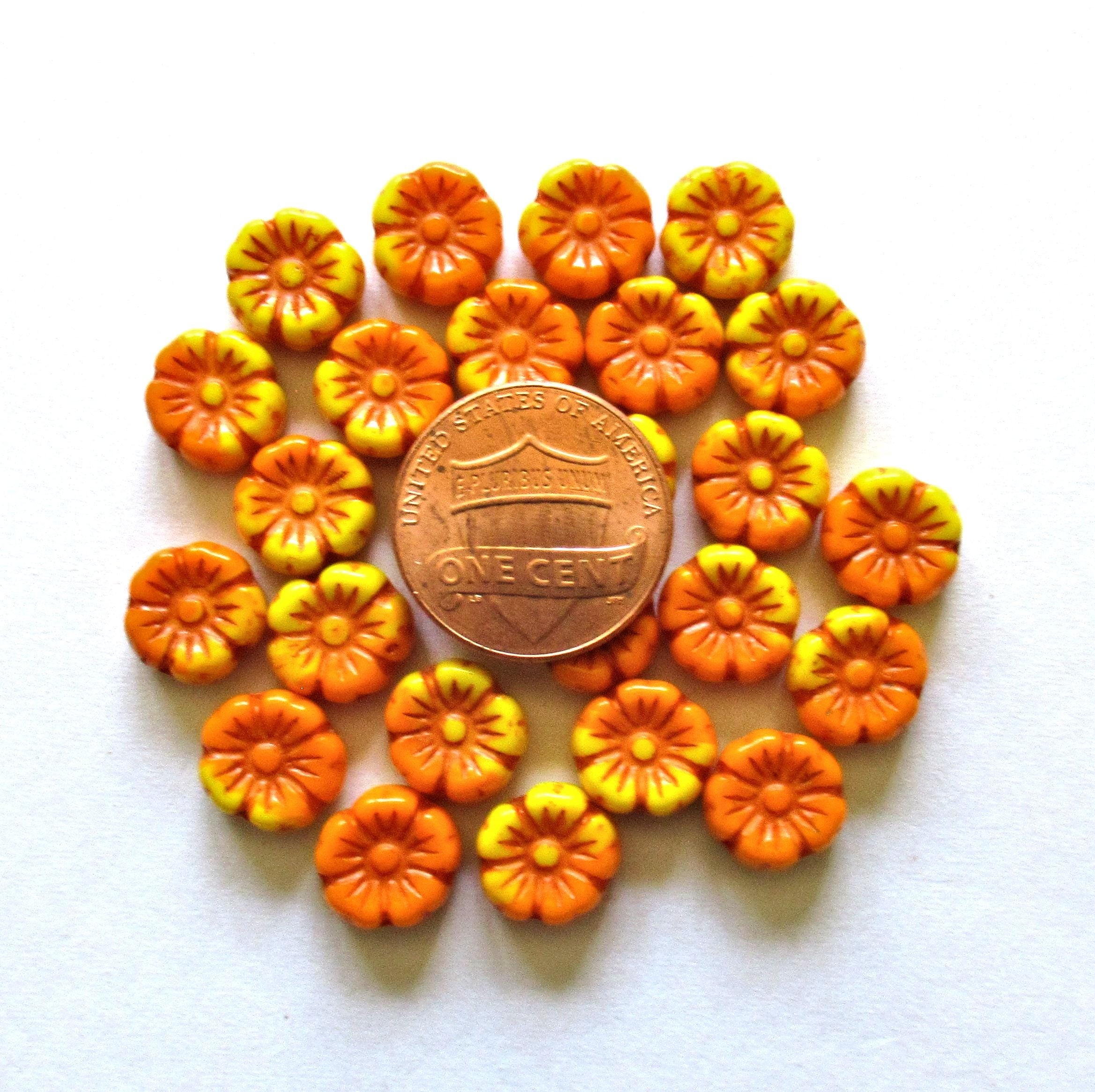 15 Czech glass flower beads - 10mm - marbled opaque bright orange and yellow - C00131