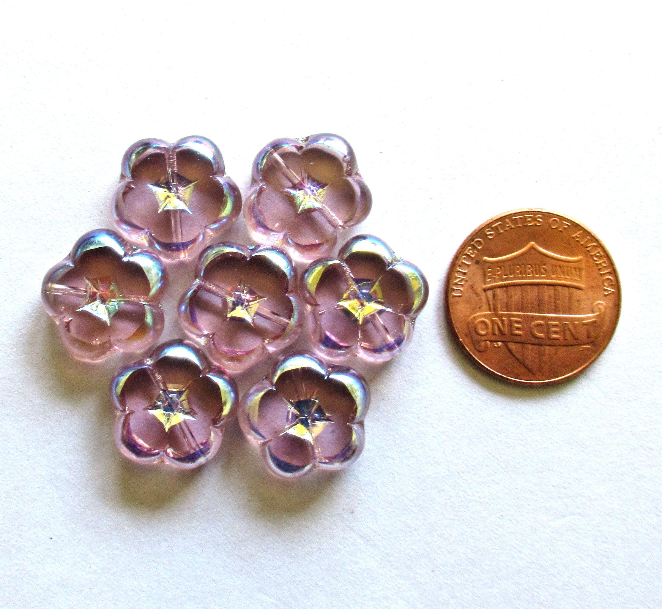 6 Czech glass flower beads - 14mm - table cut & carved - light purple amethyst w/ rainbow AB accents - C00541
