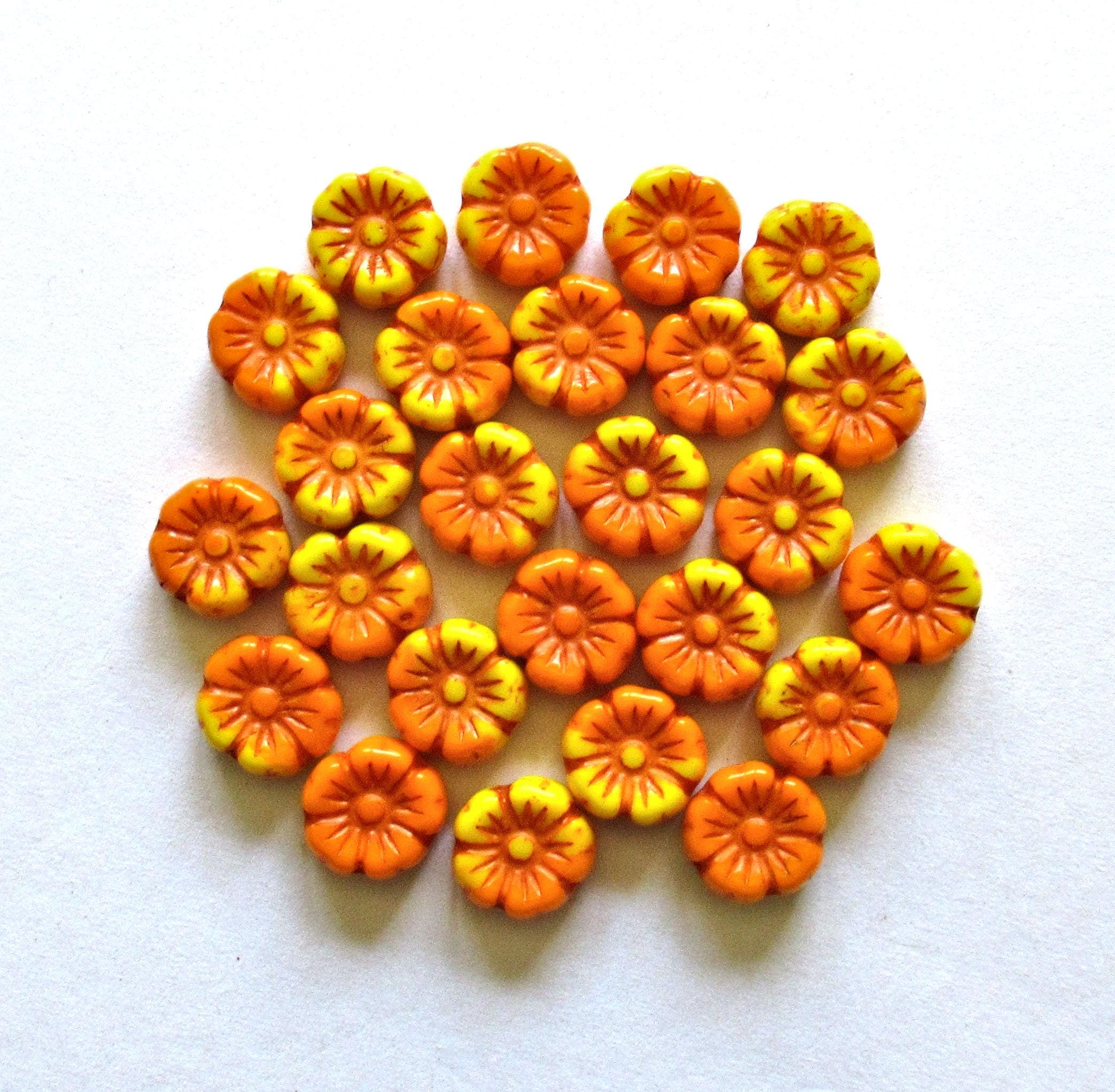 15 Czech glass flower beads - 10mm - marbled opaque bright orange and yellow - C00131
