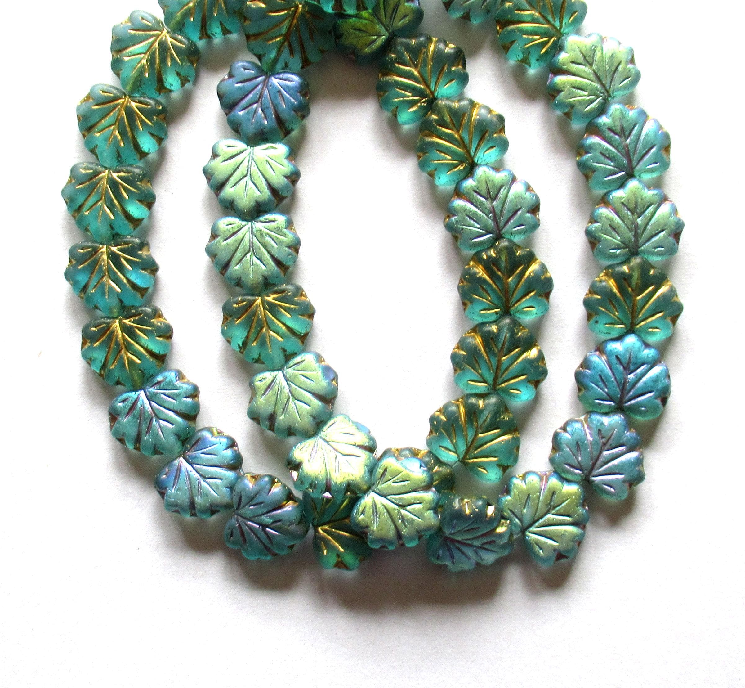 10 Czech glass maple leaf beads - teal blue green w/ rainbow AB finish & gold accents - 13 x 11mm - 00521