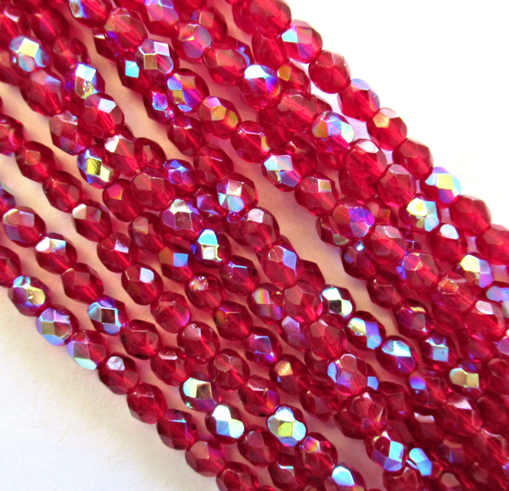 50 4mm Czech glass faceted beads - Ruby Red AB / Light Garnet AB - fire polished round beads - C0085