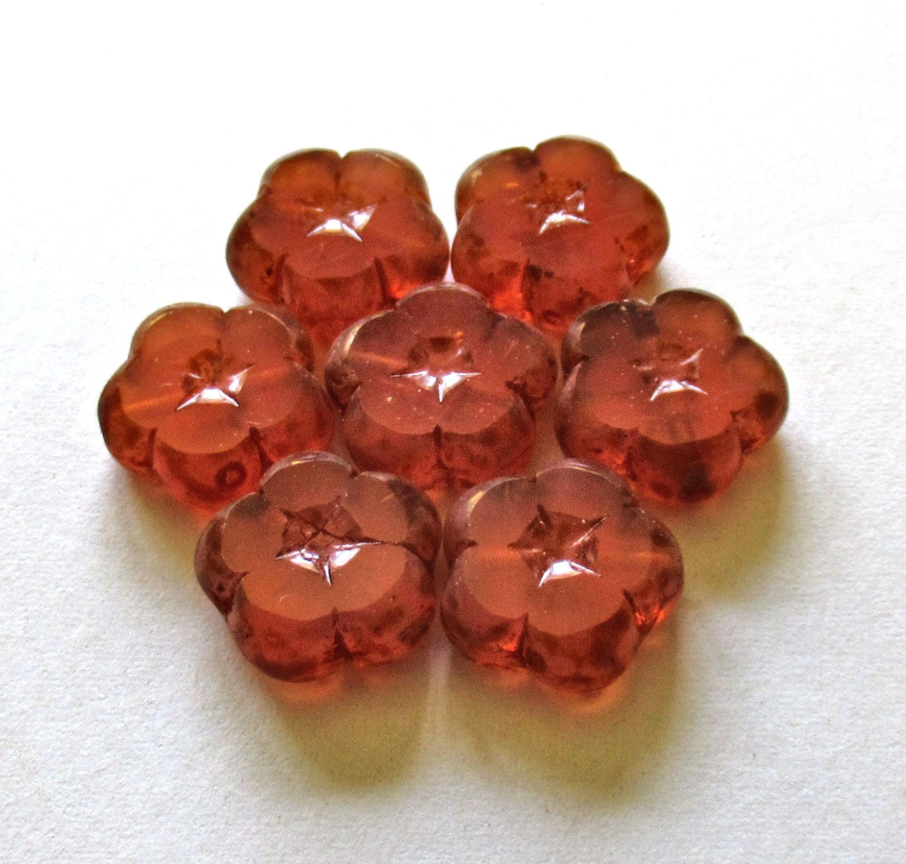 Six Czech glass flower beads - 14mm - translucent salmon pink w/ picasso accents - table cut & carved - C00541