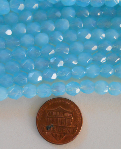 25 6mm Milky Aquamarine Czech glass beads, aqua blue firepolished, faceted round beads, C6425