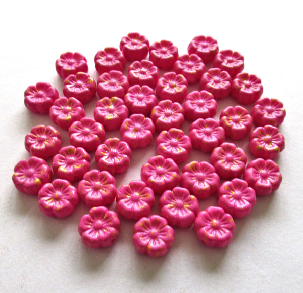 15 Czech glass flower beads - 8mm - opaque matte pink with orange accents - Hawaiian hibiscus flower beads - C00501