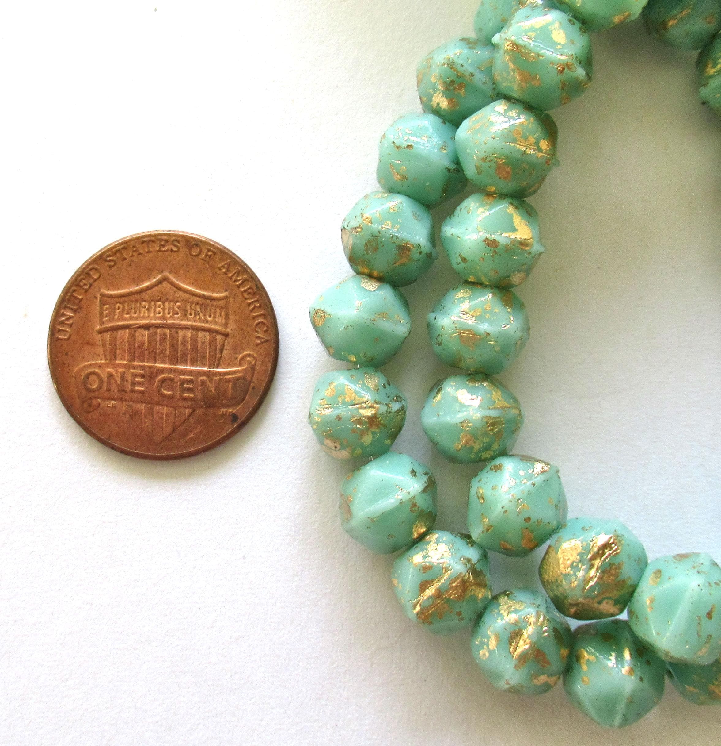 20 8mm Czech glass English cut beads - opaque mint green beads with splotchy gold accents - C00522