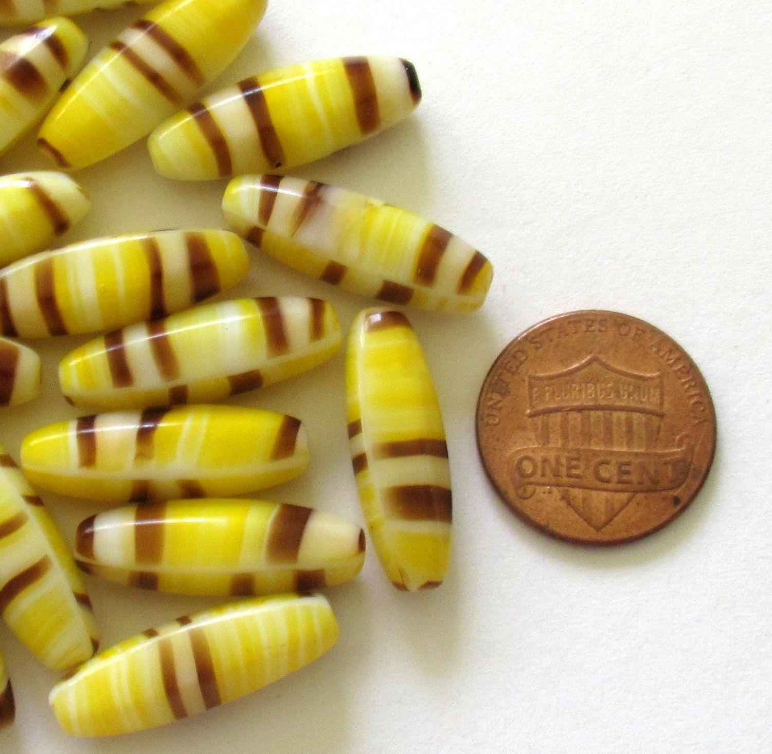 Large Czech glass tube beads - marbled yellow, brown & white striped - 22 x 9mm - 10 beads - C0038