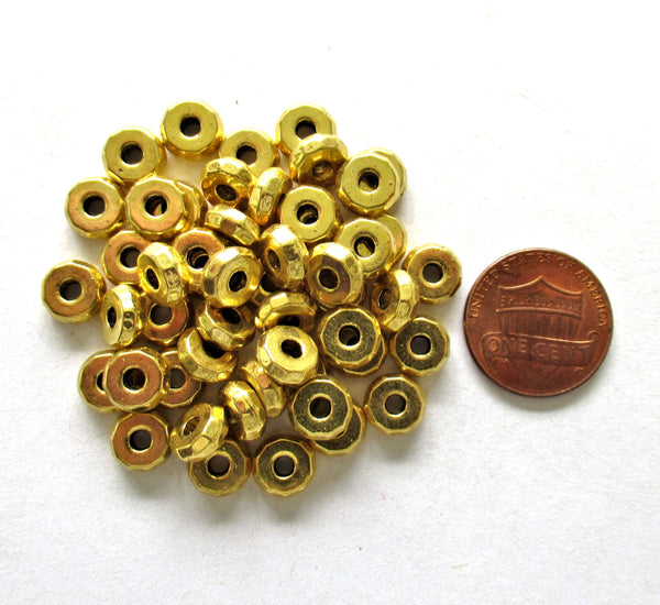 Gold tone metal alloy faceted spacer beads - 8 x 3mm - thick washer big hole beads - 30 pieces - C0057
