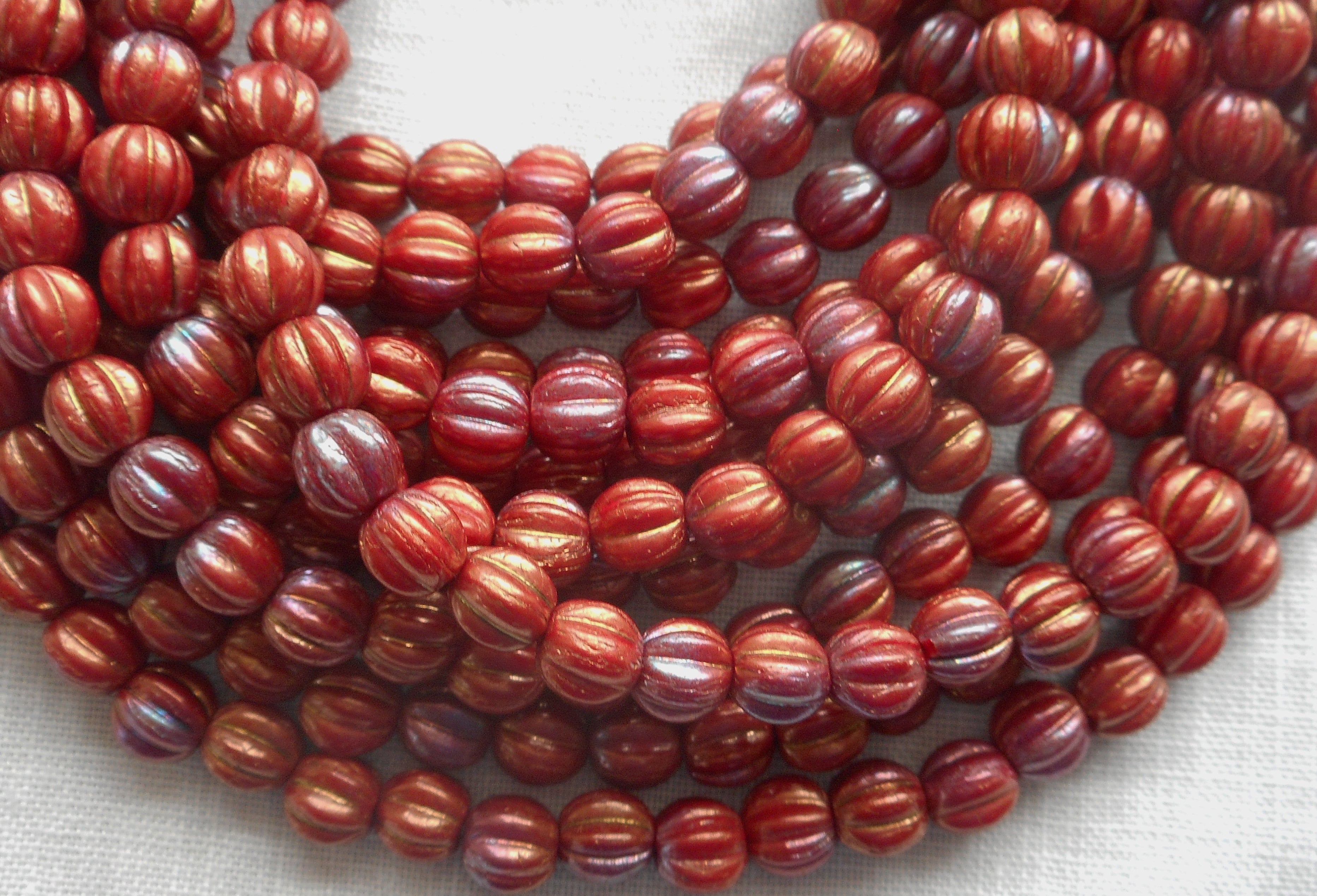 Fifty 5mm Bronze Luster Iris Opaque Red melon beads, Czech pressed glass beads C33150