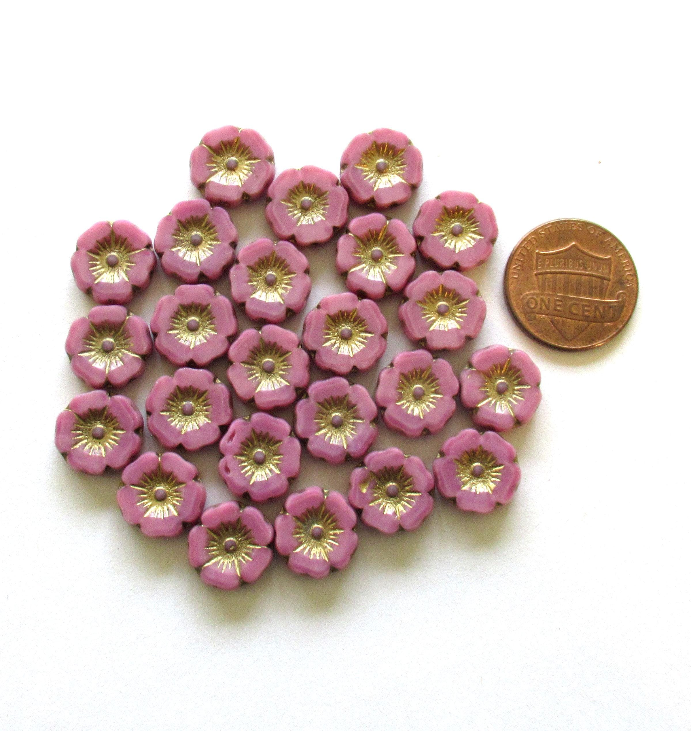 Czech glass flower beads - 12mm - opaque marbled pink &gold silk beads - table cut carved Hawaiian hibiscus floral beads - 8 beads - C00392