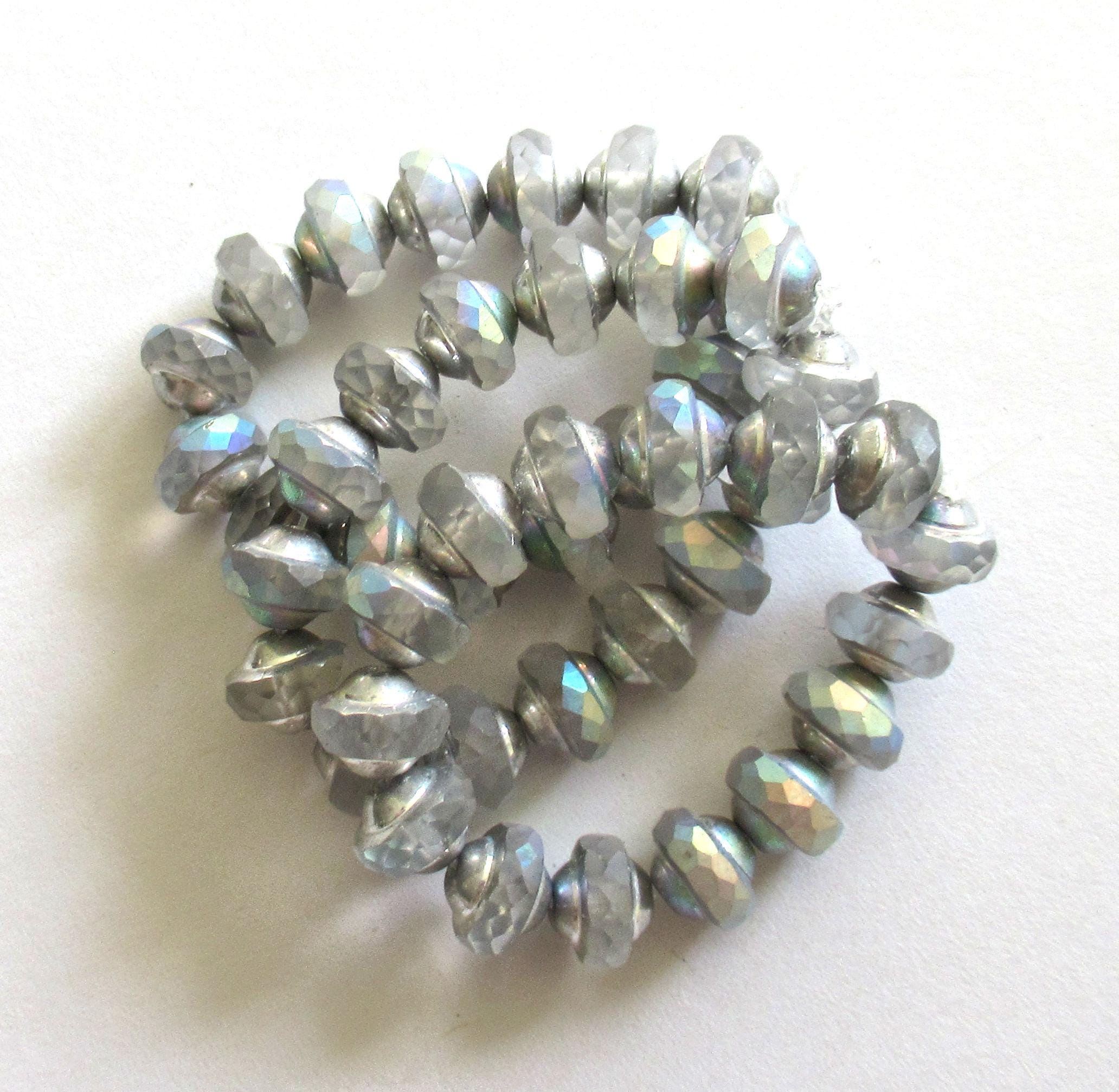 15 Czech glass mini gray saturn or saucer beads - crystal clear w/ silver and ab accents - 6 x 8mm - C00522