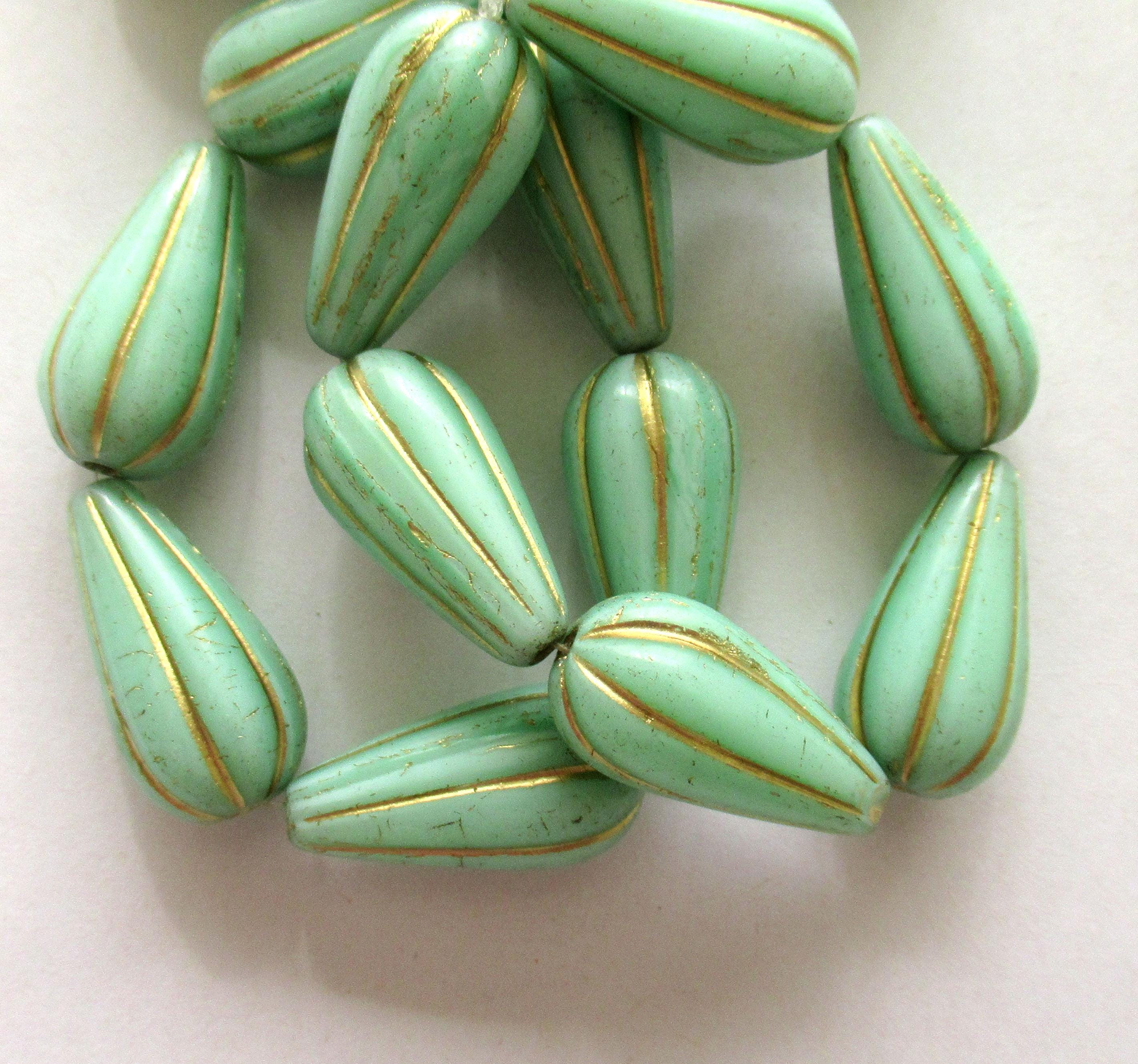 Six large Czech glass teardrop melon beads - mint green w/ gold accents - 22 x 11mm tear drop beads 00391