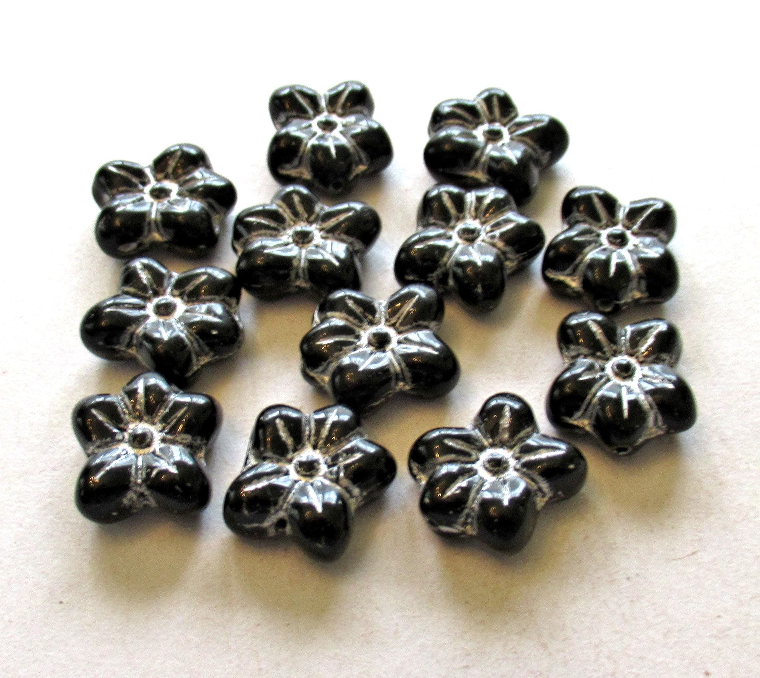 Ten Czech glass flower beads - jet black with silver accents - 14 X 12mm - asymmetrical pressed glass flowers - C0731