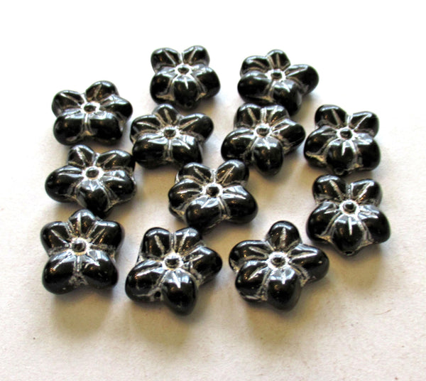 Ten Czech glass flower beads - et black with silver accents - 14 X 12mm - asymmetrical pressed glass flowers - C0731