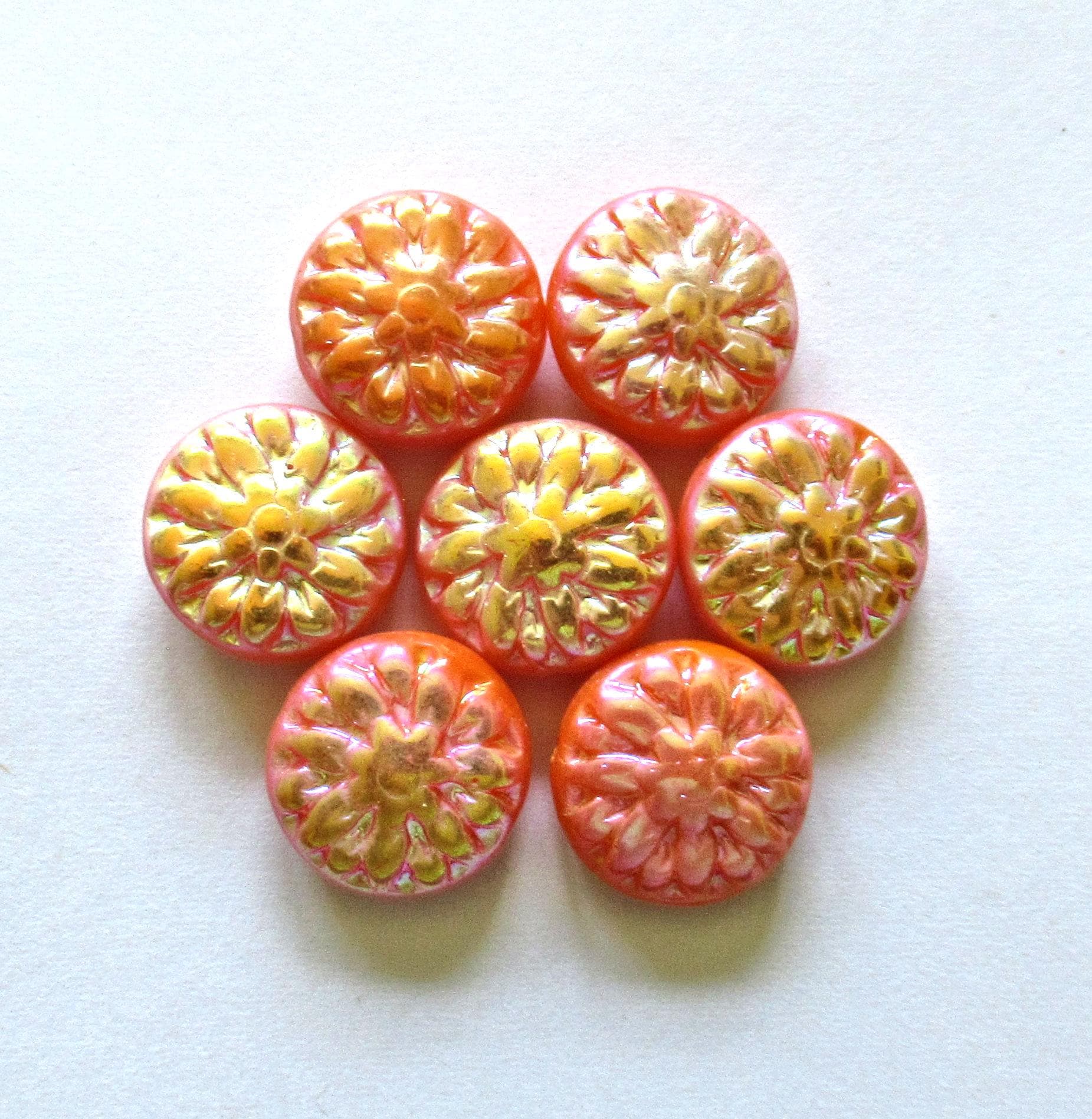 Six Czech glass Dahlia flower beads - 14mm - opaque orange w/ an AB finish on both sides - puffy coin or disc beads - C00131