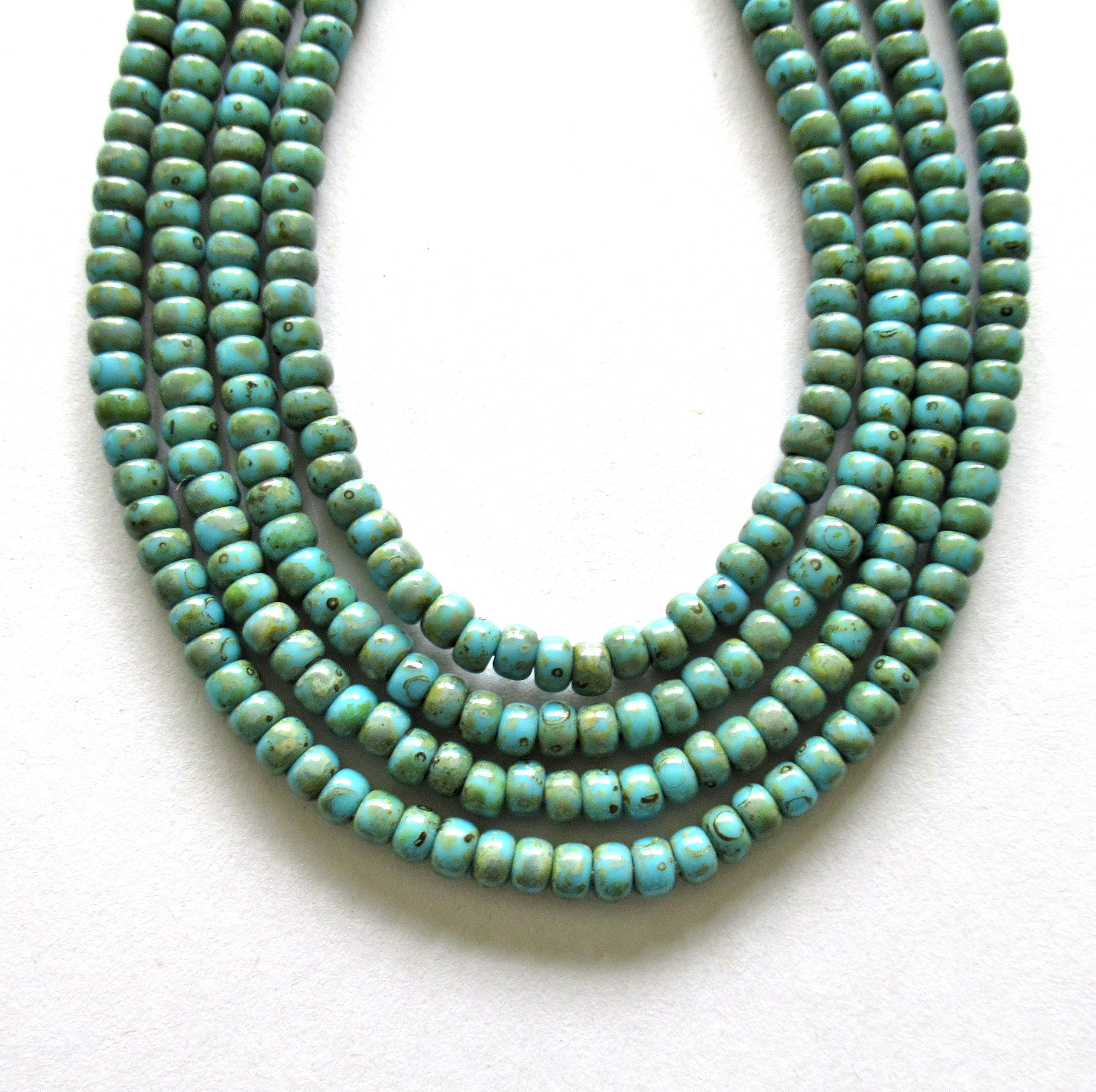 6/0 Czech glass aged seed beads - opaque turquoise blue picasso beads - one 24 inch strand - approx 218 beads - C00755