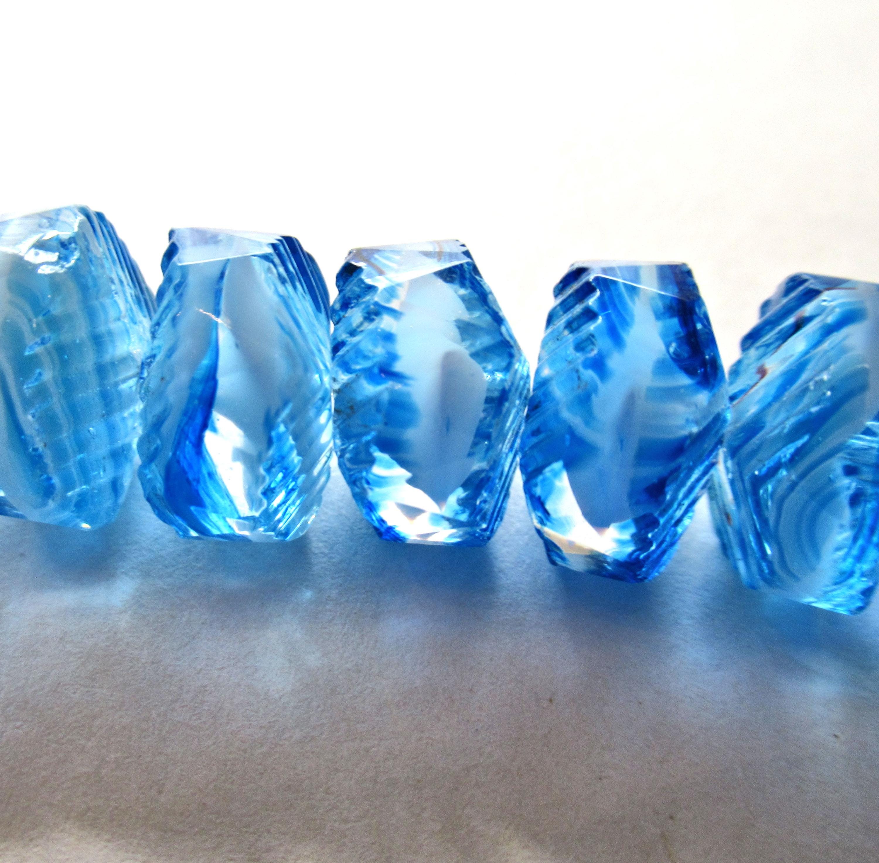 Six Czech glass faceted wavy rondelle beads - large 14 x 6mm - aqua blue & white - chunky statement or focal beads - C00291