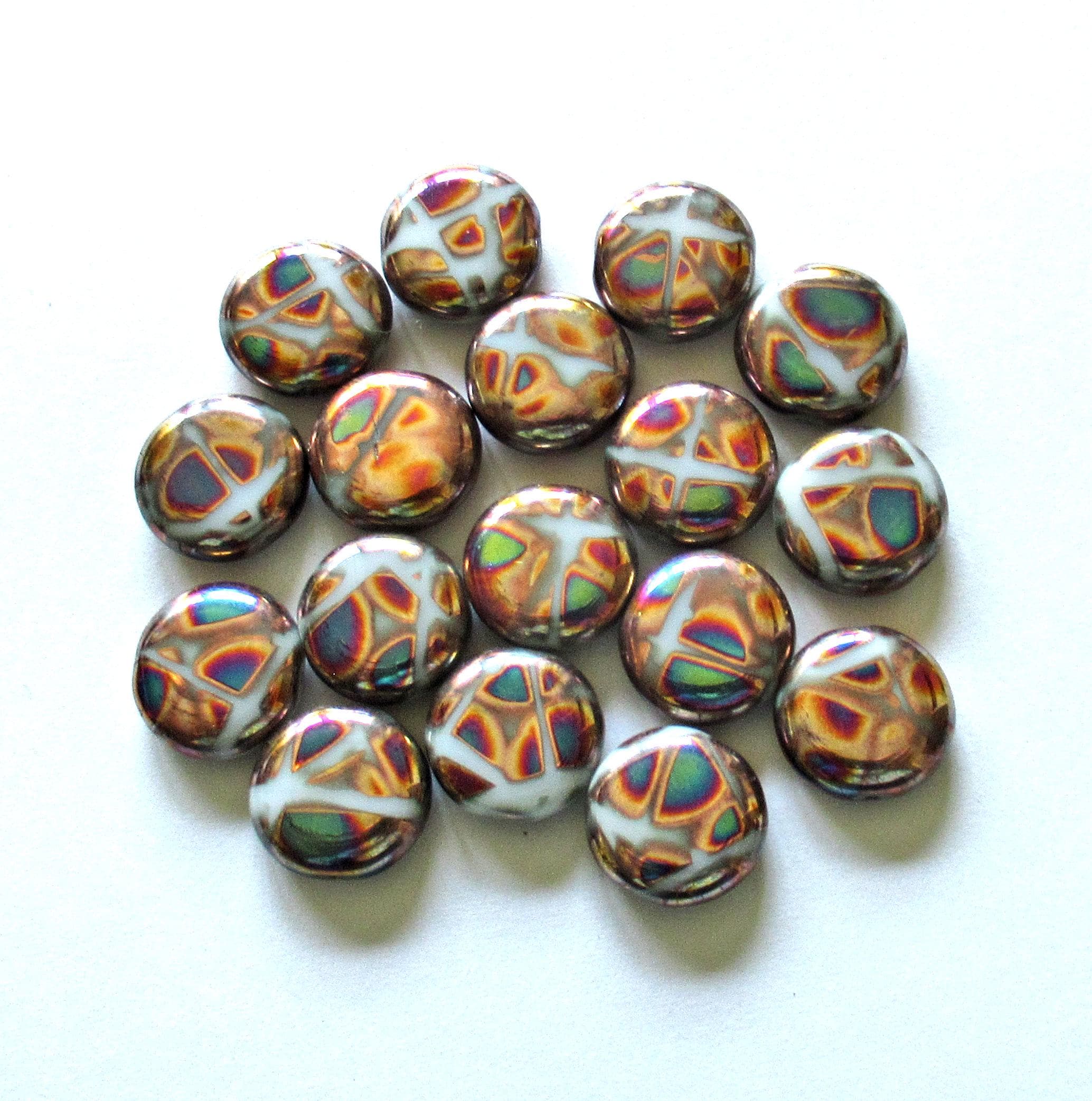 Six Czech glass peacock coin beads - 15mm - copper blue & pink - C00651