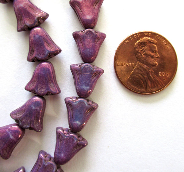 15 Czech glass flower beads - 10 x 10mm opaque purple beads with a luster finish - lily flower beads - 00601