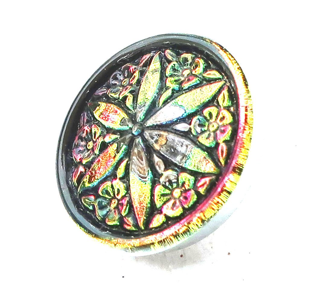 One 18mm iridescent Czech glass button, vitral pink, green yellow star flower button, decorative shank buttons 52201