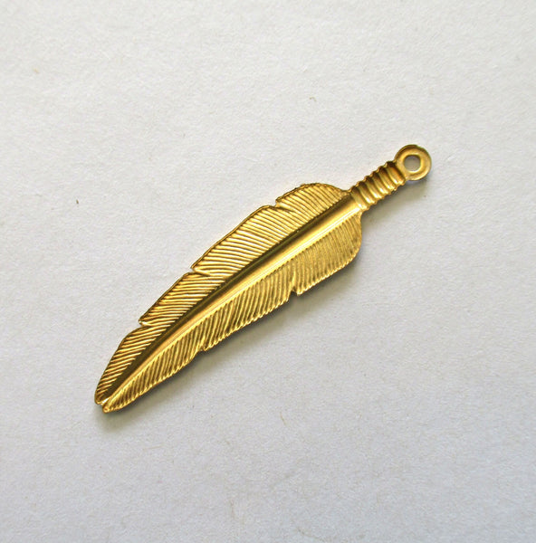 4 Raw Brass Stampings - feather dangles - charms - drops - earrings - 1.75 by .5" inches - made in the USA C00801