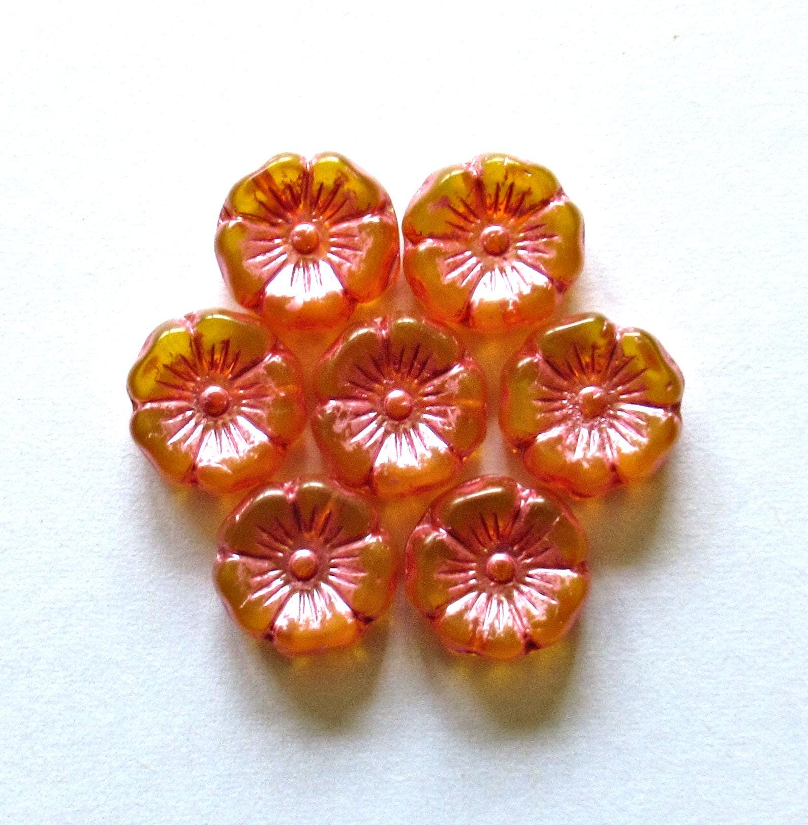 10 Czech glass flower beads - 12mm amber yellow w/ a pink wash - Hawaiian hibiscus floral beads - C00431