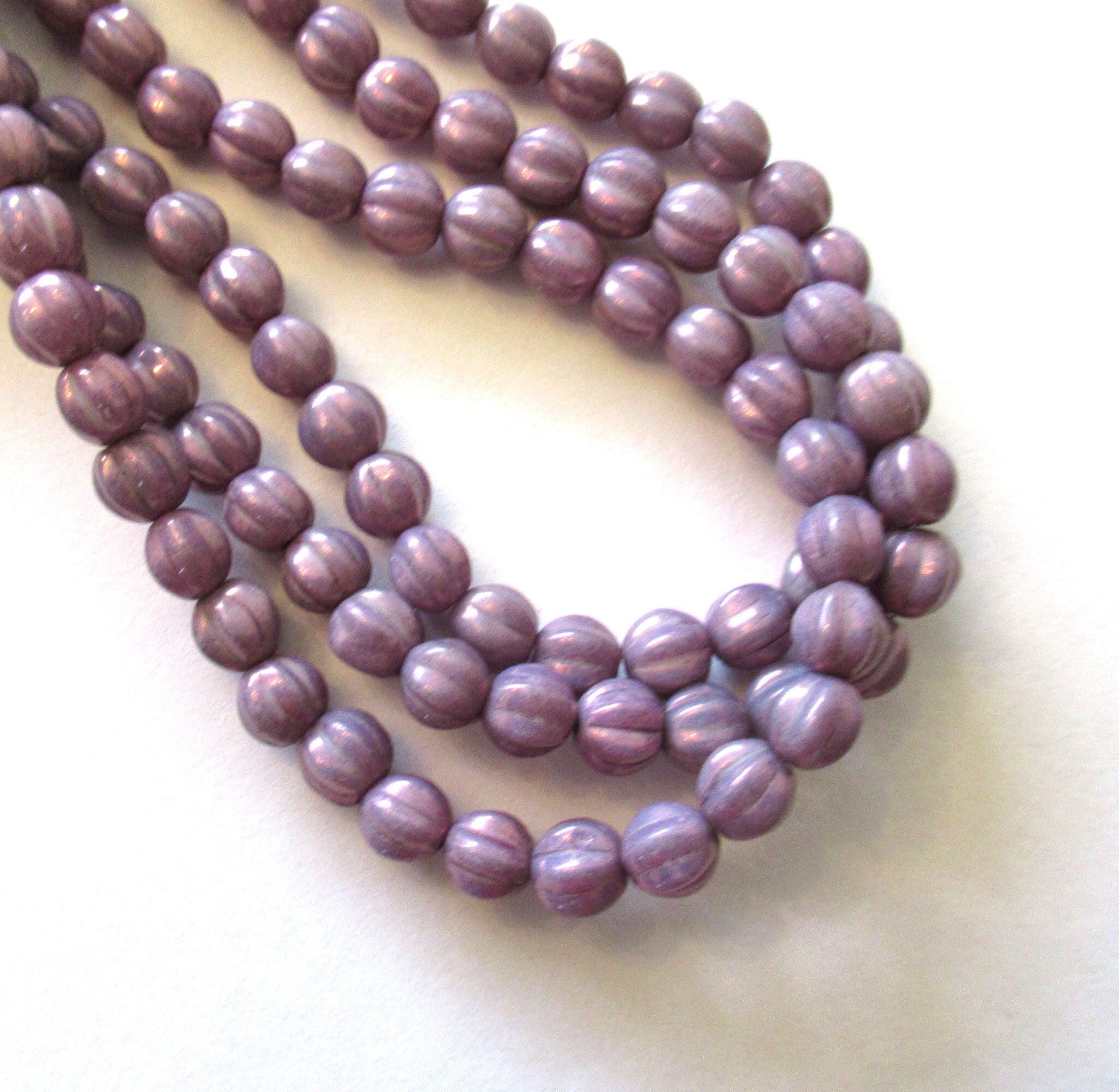 25 Czech glass melon beads - 6mm opaque purple luster, lilac, amethyst pressed glass beads C0084