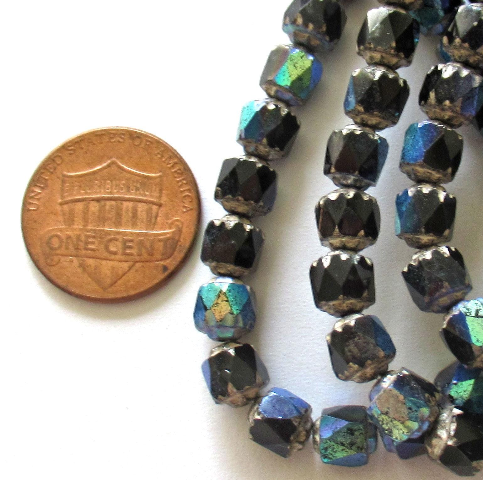 20 6mm Czech glass cathedral beads - black ab w/ silver picasso accents - faceted fire polished antique cut beads C00561