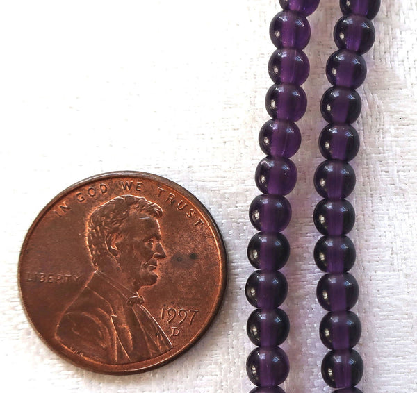 100 4mm Czech glass druks - Tanzanite Purple or Amethyst pressed glass round druk beads, C0066