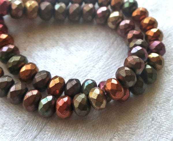 30 small puffy rondelle beads, opaque matte metallic mix earth tones, 3 x 5mm faceted Czech glass rondelles C53101