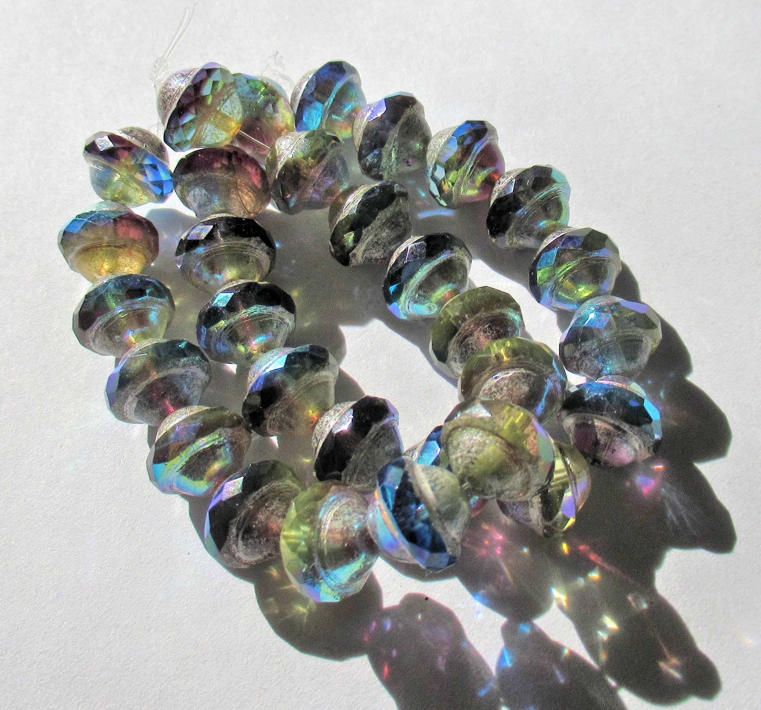 15 Czech glass saturn / saucer beads - 8 x 10mm blue & purple / amethyst ab color mix with a silver ab picasso accents - C00573