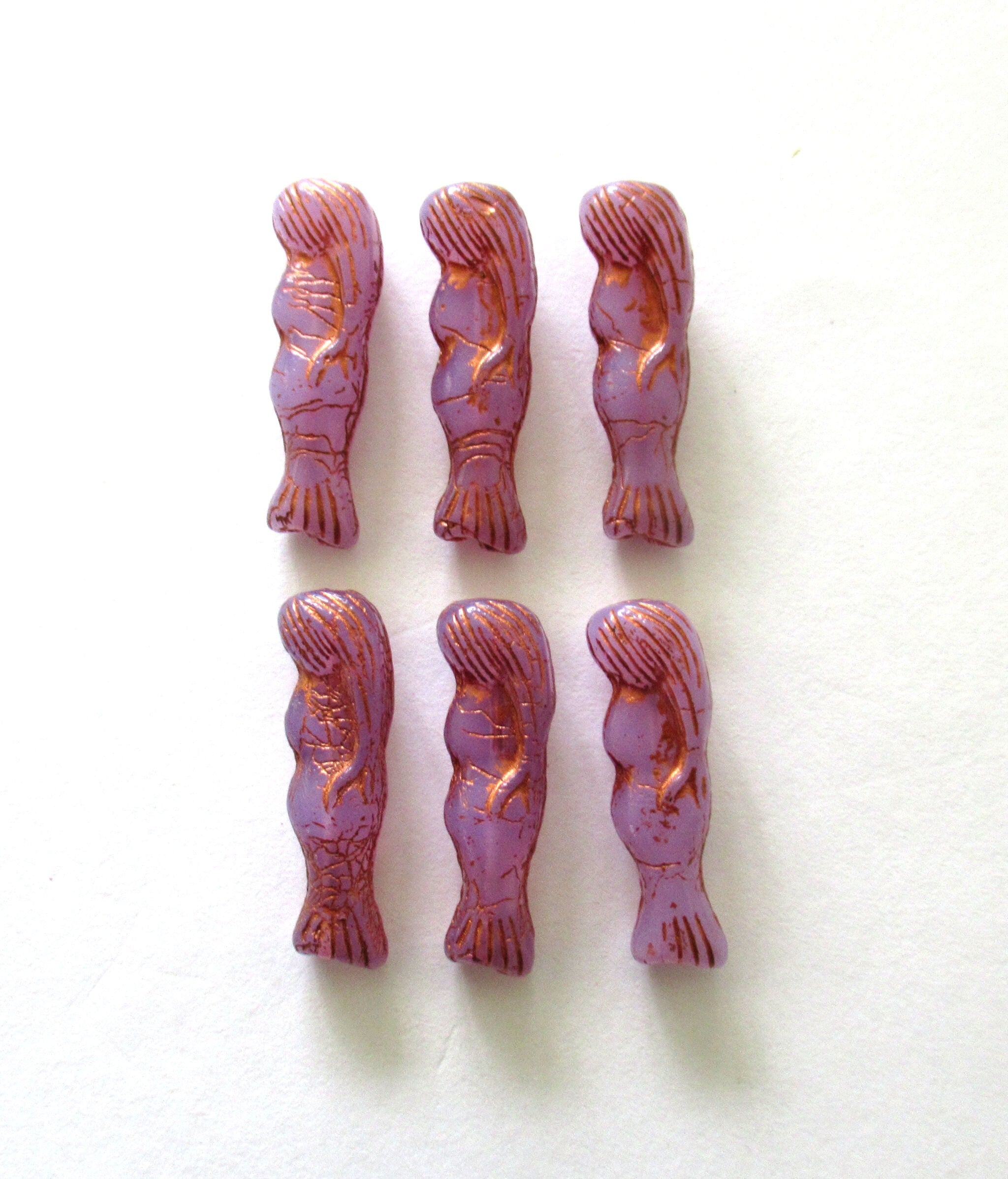 6 Czech glass mermaid or goddess beads - 25 x 5mm translucent lavender beads with a copper wash - C00442