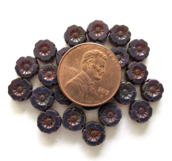 12 small Czech glass flower beads - 7mm purple amethyst opal Hawaiian flowers w/ red picasso accents - table cut, carved floral beads C00031