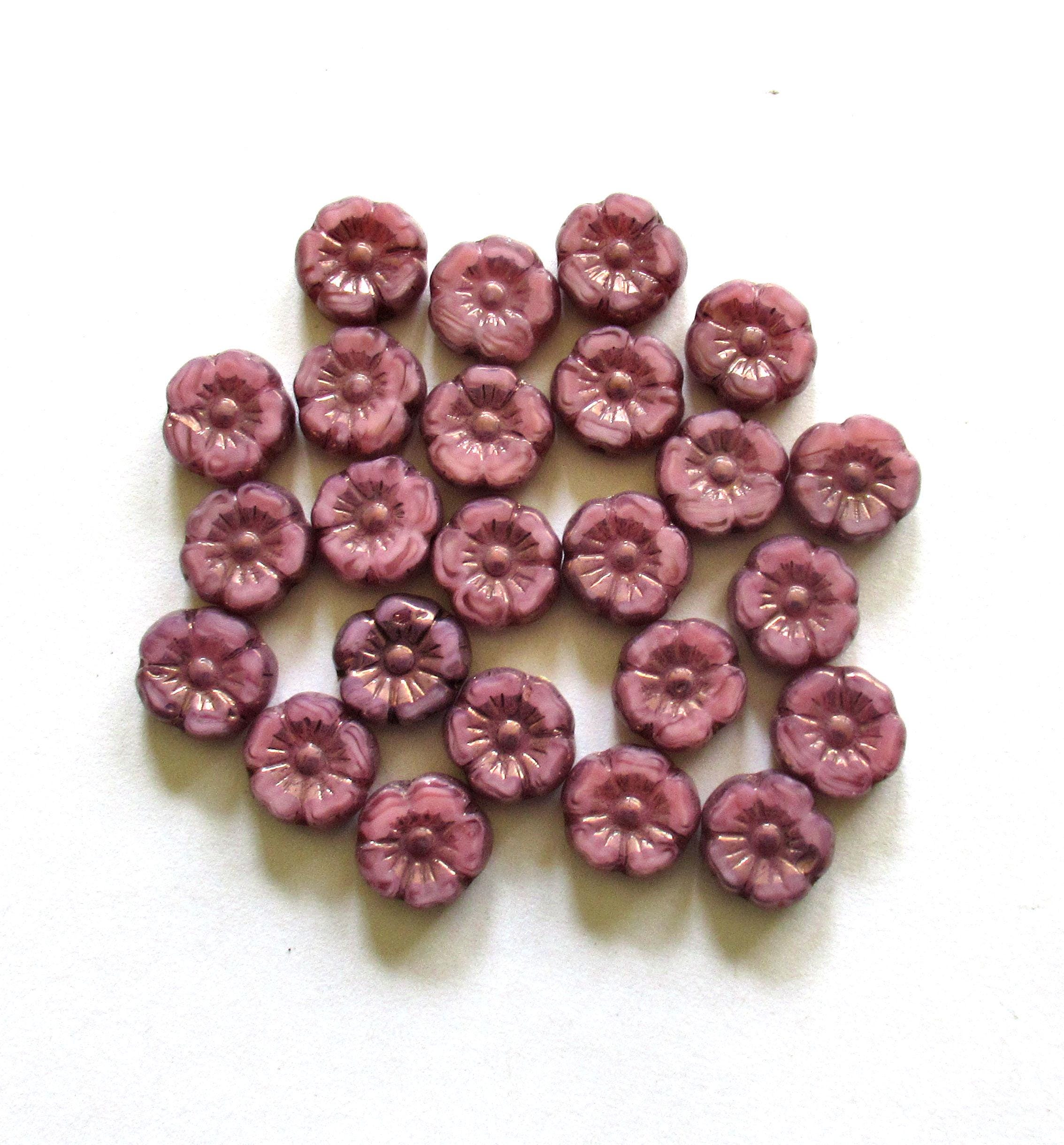 Ten 10mm Czech glass flower beads - opaque marbled pink silk w/ a bronze wash - Hawaiian hibiscus flowers - C00052