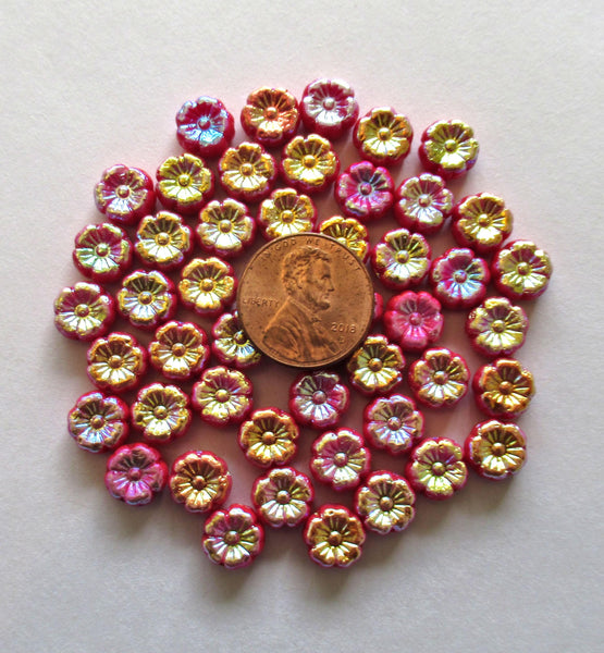 15 8mm Czech glass flower beads - opaque red with an ab finish on both sides- Hawaiian hibiscus flower beads - C00501