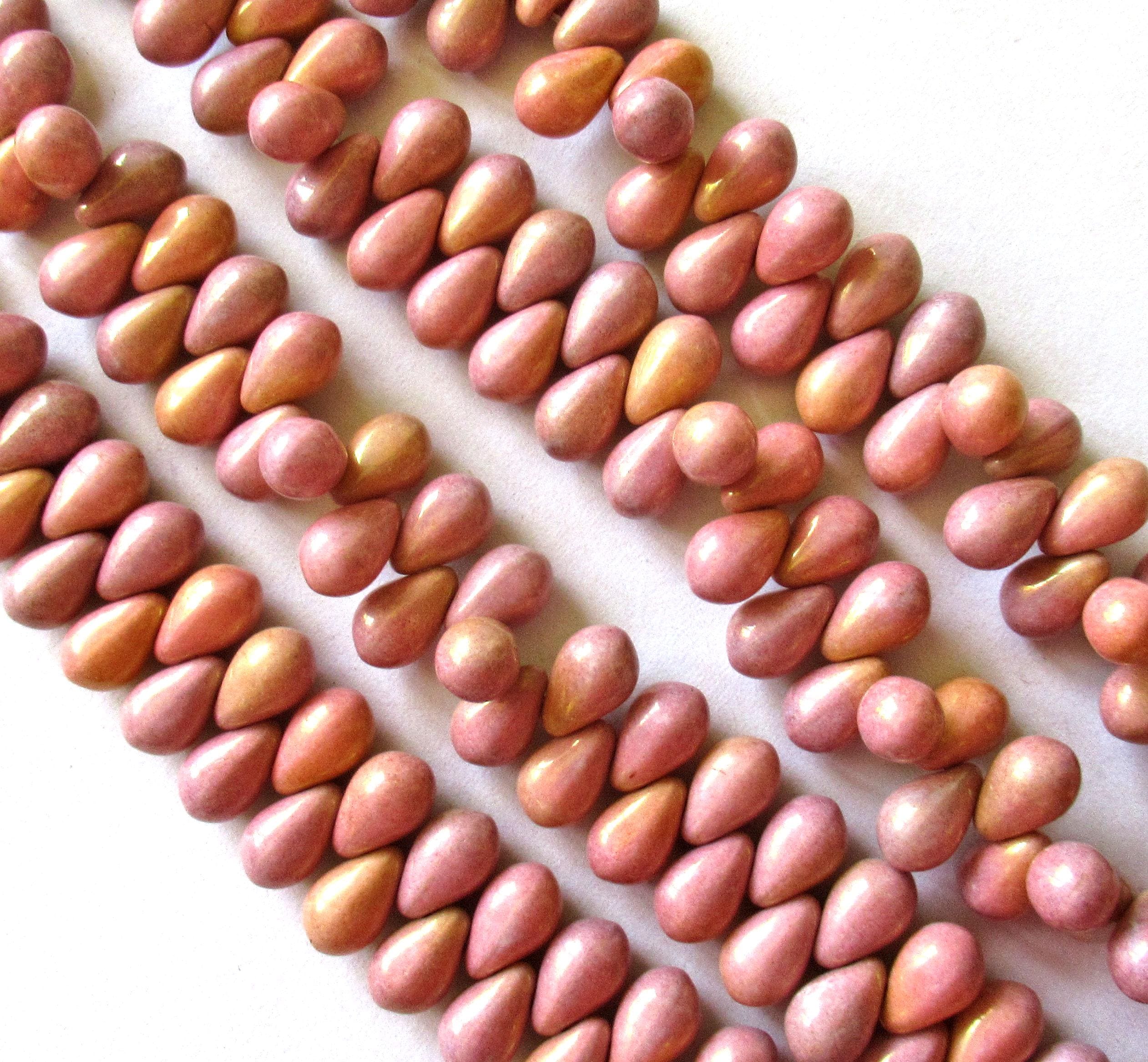 25 Czech glass drop beads - opaque pink & peach mix - side drilled - smooth teardrop beads - 9 x 6mm - 00121
