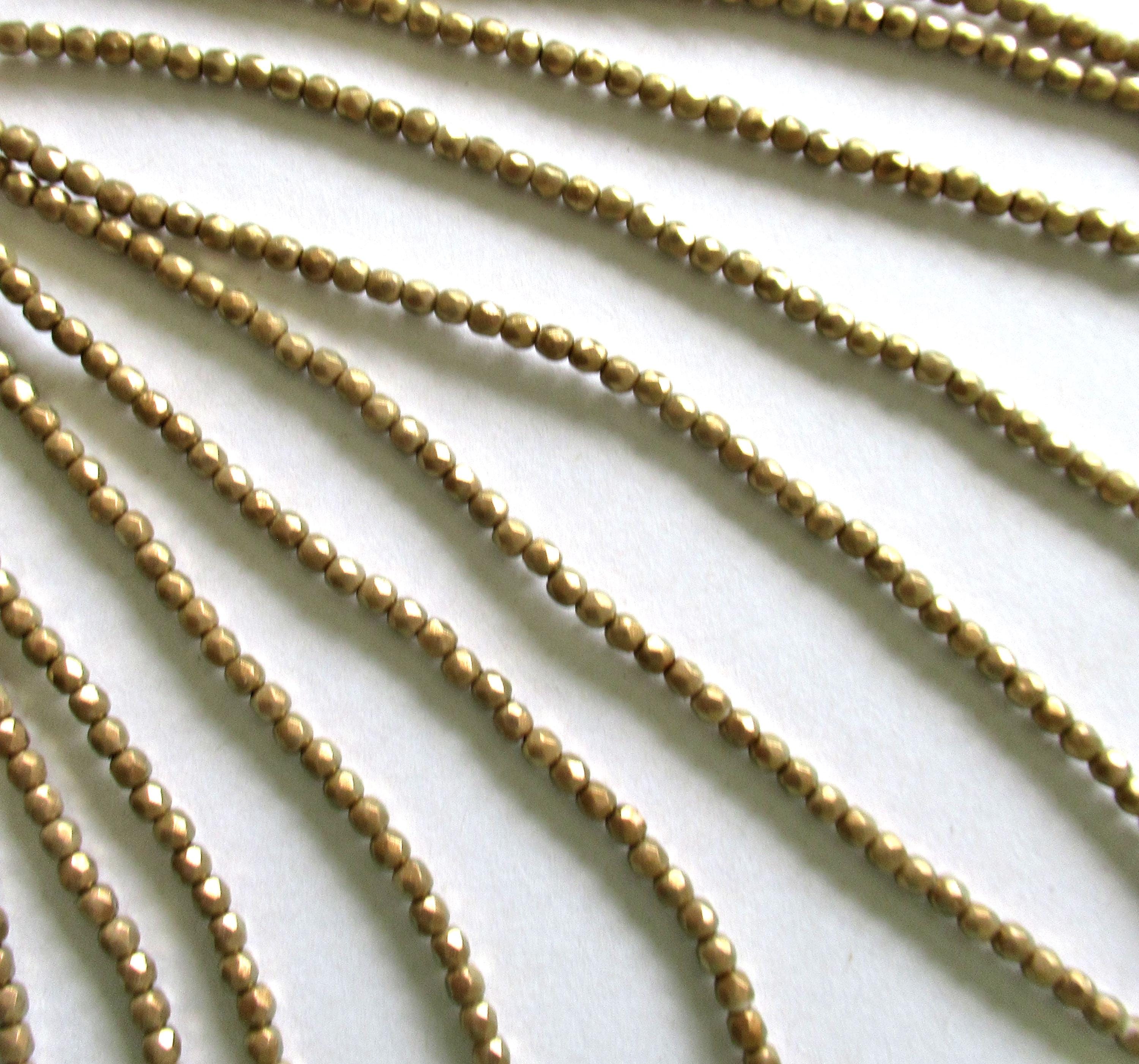 50 3mm Halo Ethereal Linen Czech glass beads - opaque neutral khaki or tan beads w/ gold finish - faceted fire polished round beads - C0008