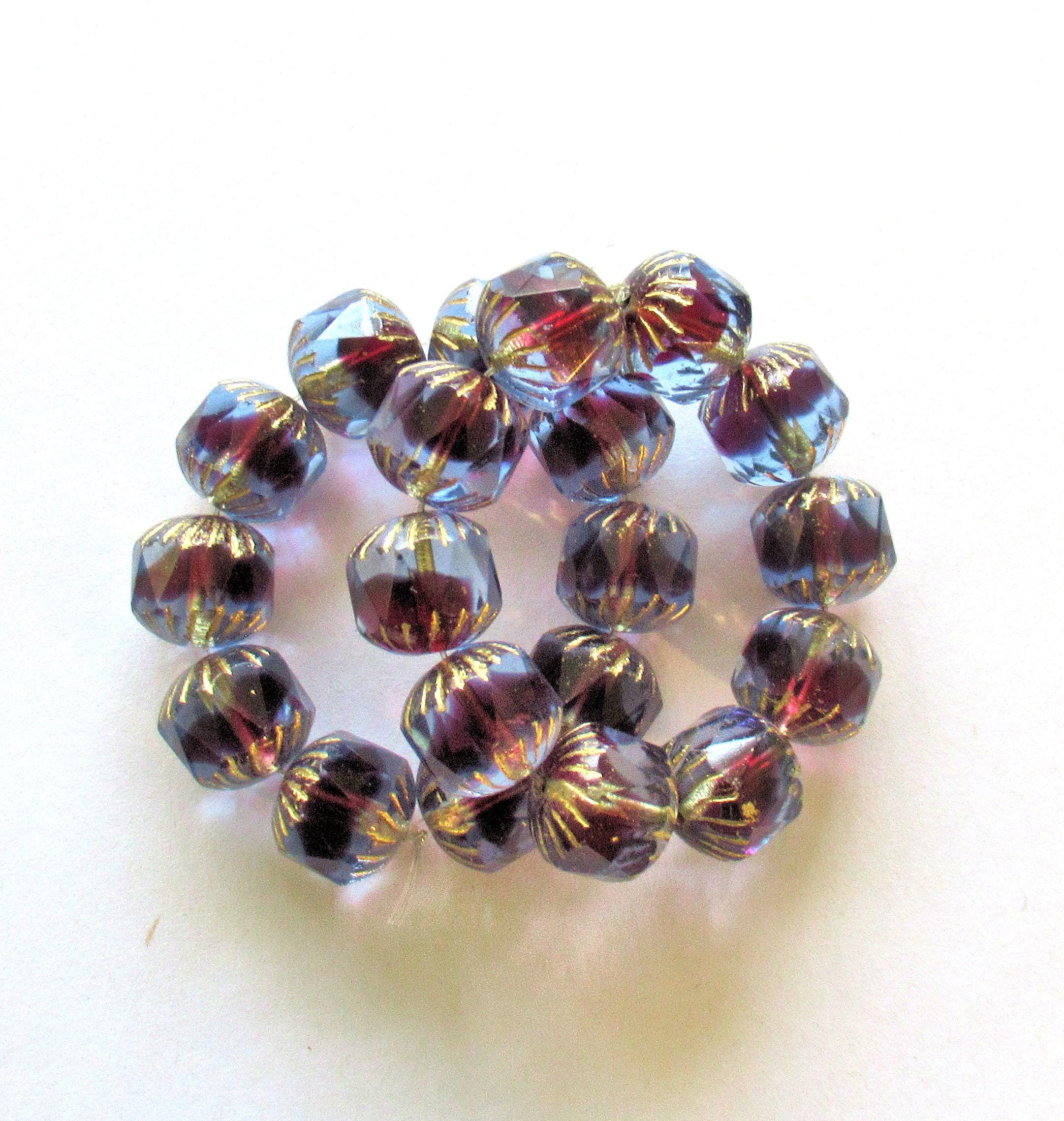 Ten large Czech glass center faceted cruller beads - 10mm - light sapphire blue & deep pink fuchsia cathedral beads w/ gold accents - 00084