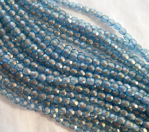 50 4mm Czech glass Halo Shadows iridescent blue beads, firepolished faceted round glass beads C0850