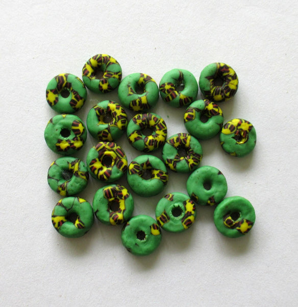 15 African recycled glass rondelle spacer beads - green yellow & black beads - 10 to 11mm by 3.5mm thick - big hole - rustic beads - 00241